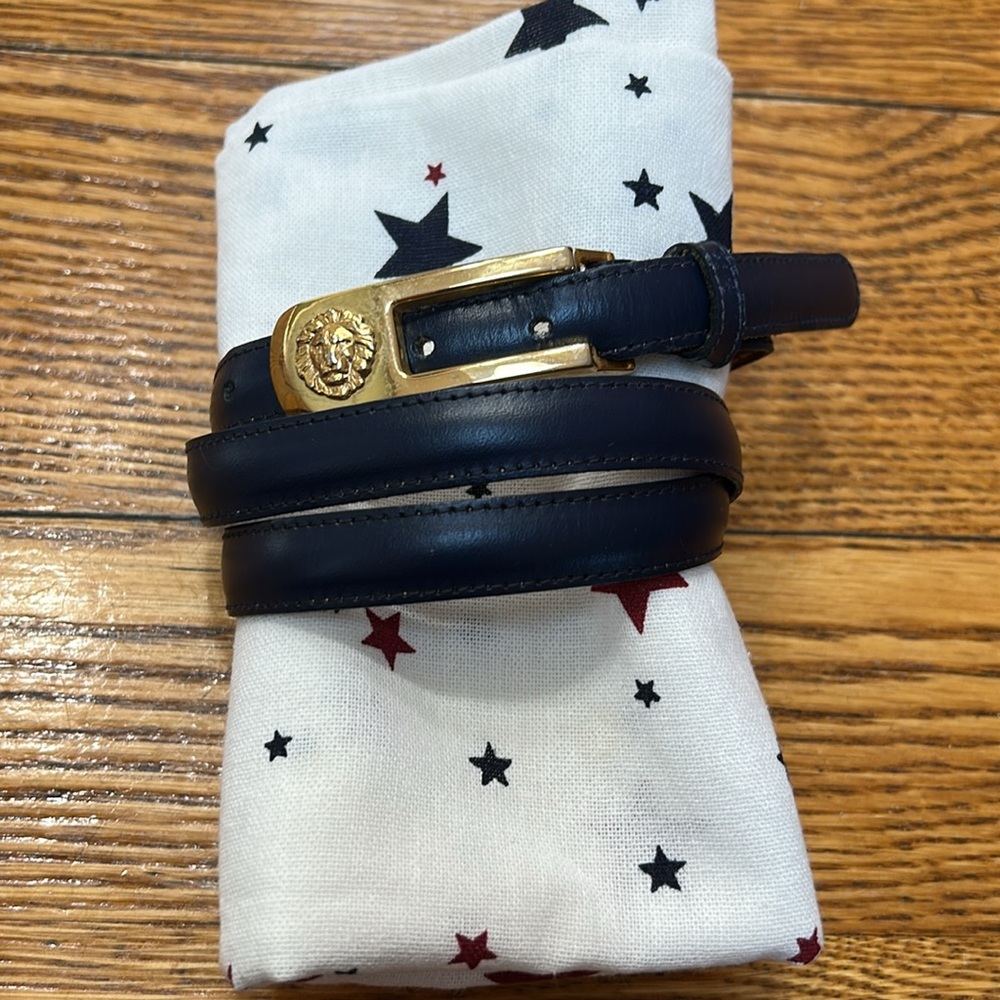 Anne Klein Navy Leather Belt with Gold Lion Buckle